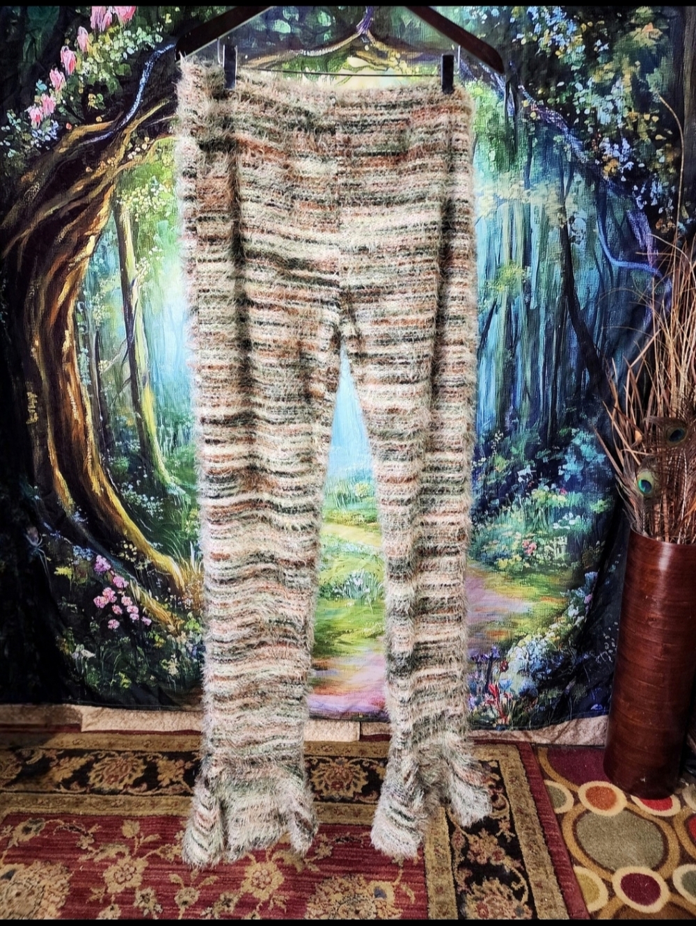 Fuzzy Flared High Waisted Stacked Leggings Pants With Striped Design Size XL